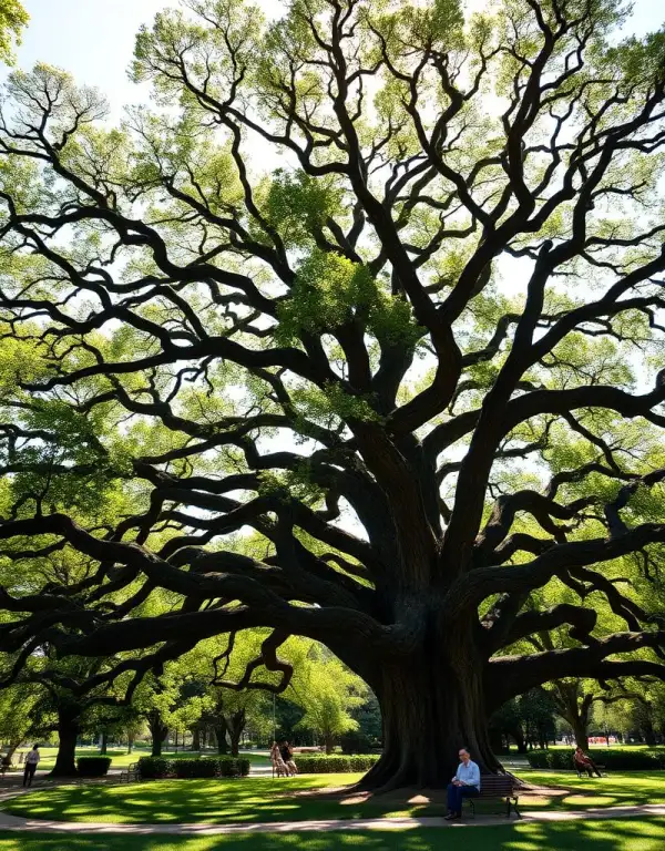 The 400-year-old Great Oak at Parco Giardino Sigurtà spreading over a wide green lawn