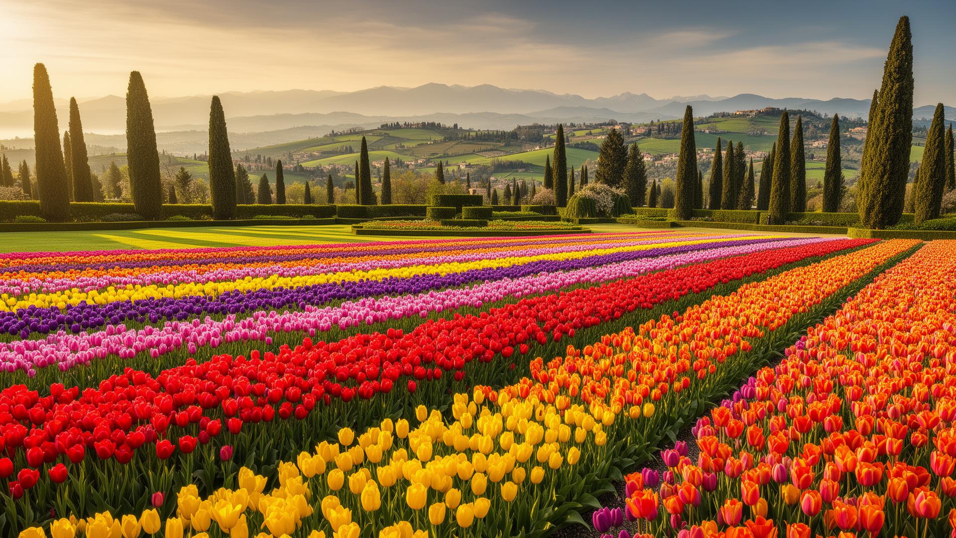 Tulip fields in bloom at Parco Giardino Sigurtà during Tulipmania, with the park's lawns and cypress trees behind