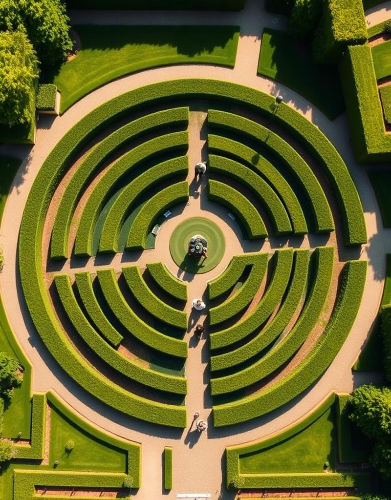 The hedge maze at Parco Giardino Sigurtà seen from above, with tall yew hedges forming a square labyrinth around a central tower