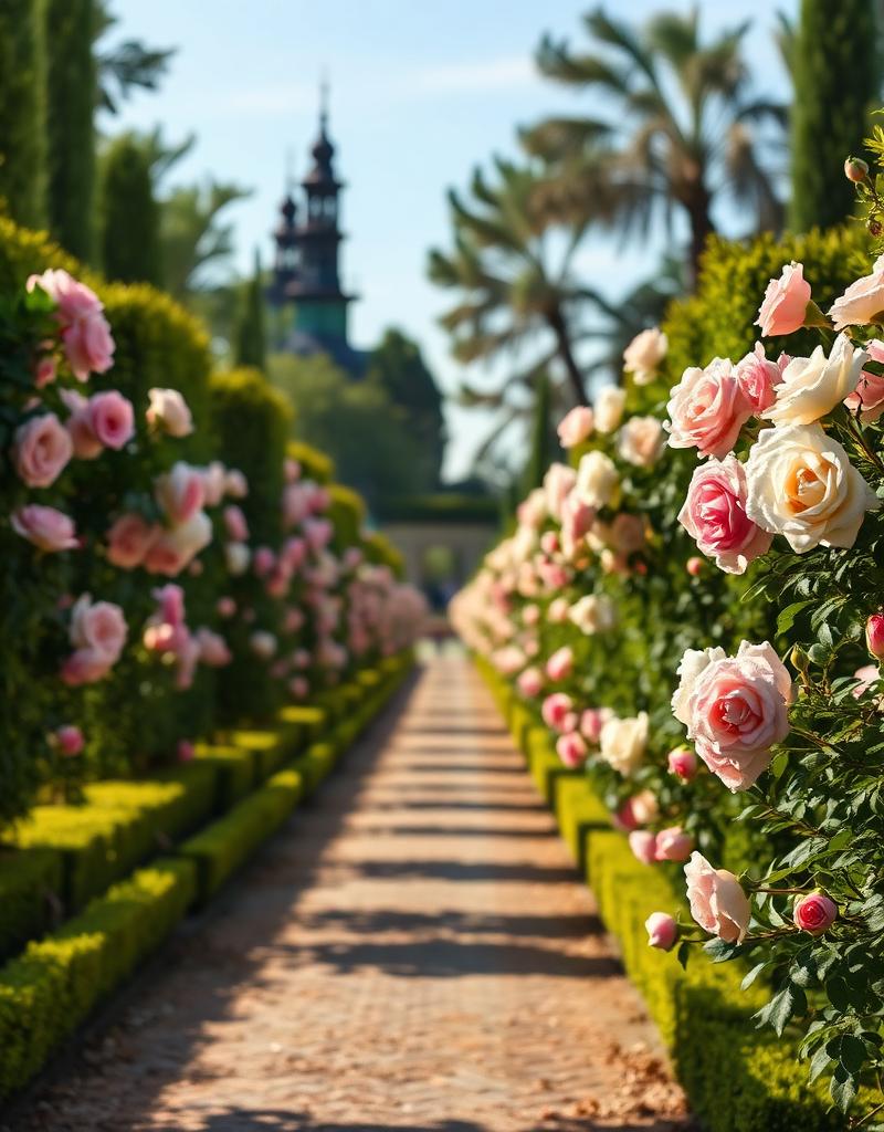 The Avenue of Roses at Parco Giardino Sigurtà, a long gravel path lined with 30,000 blooming roses and clipped hedges