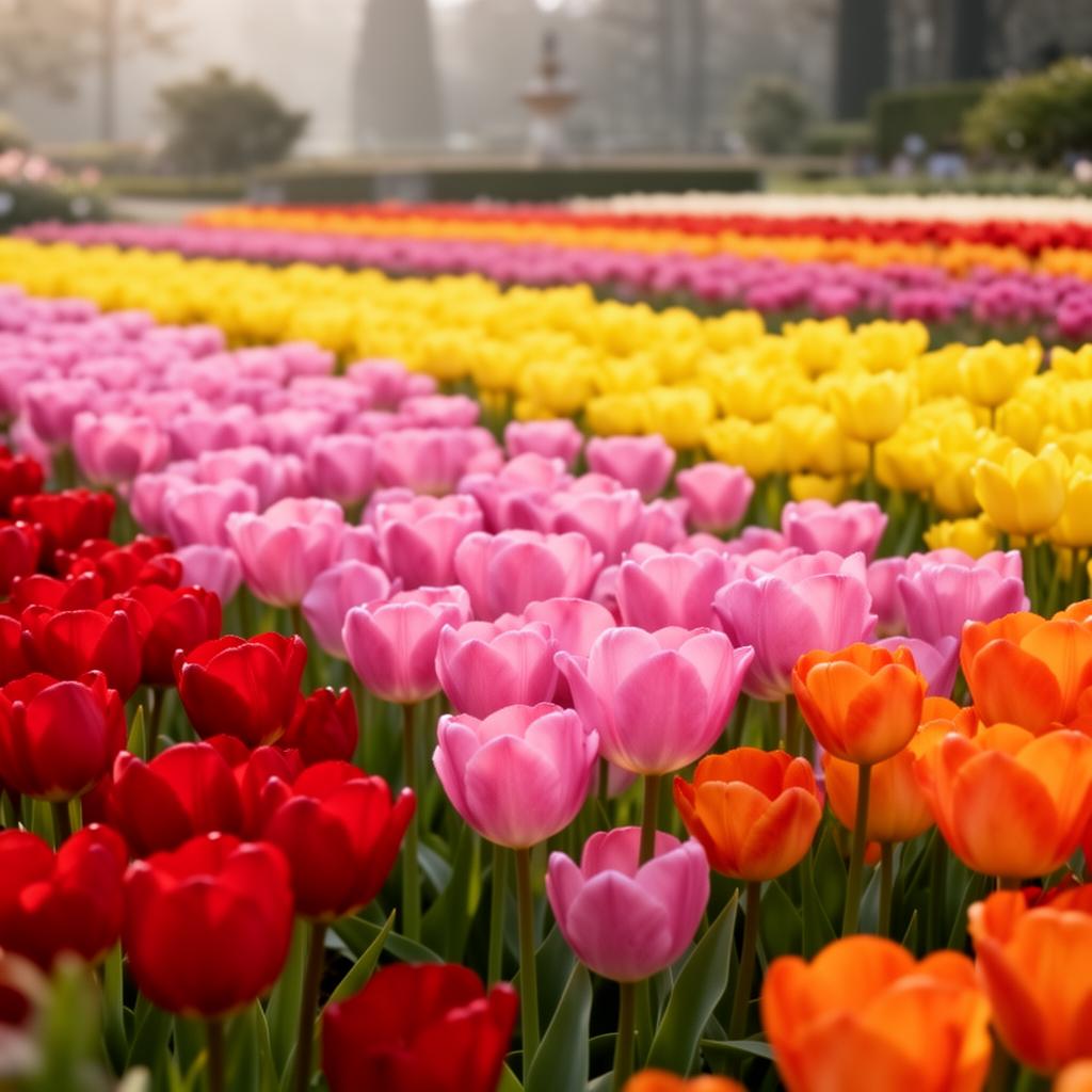 Over a million red, pink and yellow tulips in bloom along the flowering paths of Parco Giardino Sigurtà during Tulipmania