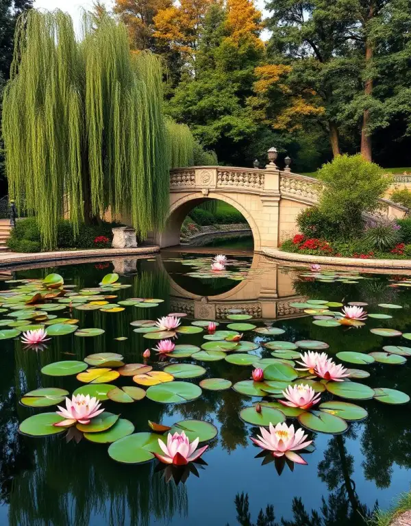 The water gardens at Parco Giardino Sigurtà with lotus flowers, water lilies and stone-edged ponds under weeping willows
